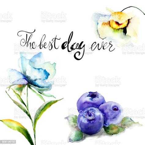 Summer Flowers And Blueberries With Title The Best Day Ever Stock