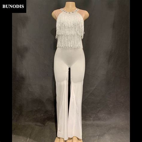 Zd Women Sexy Silver Tassel Jumpsuit Material Spandex Sparkling Crystals Nightclub Party