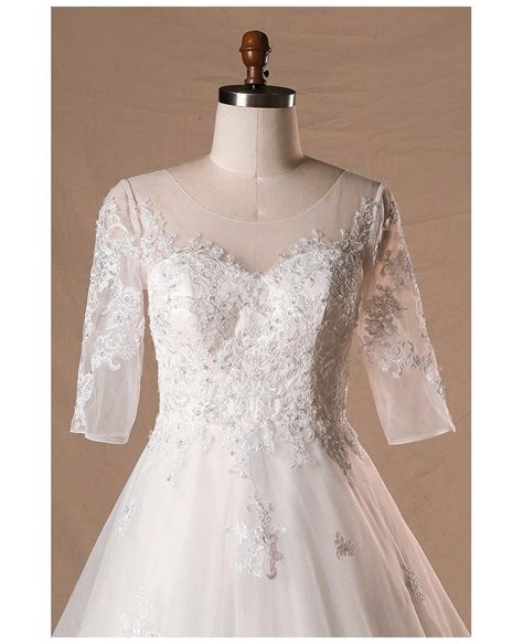 Plus Size Sheer Round Neck Lace Wedding Dress With Half Sleeves Mn062