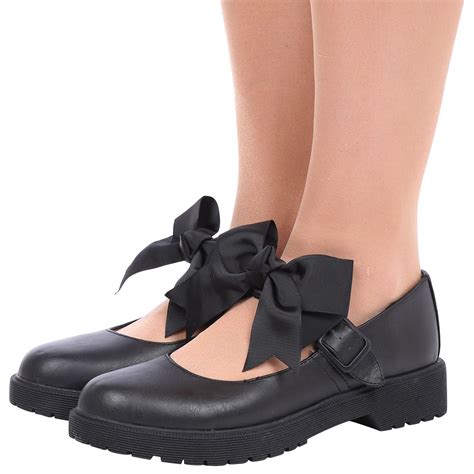 Womens Girls Mary Janes Bow School Shoes Ladies Kids Low Heels Flats
