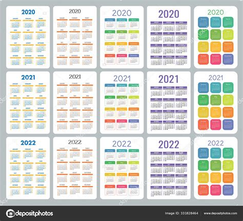 Calendario 2020 2021 2022 Años Colorido Conjunto Vectores Semana