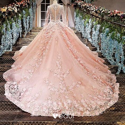 Luxury Gorgeous Pearl Pink Wedding Dresses 2018 Ball Gown Lace Flower Appliques Beading