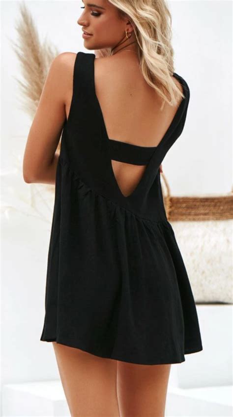 Black Backless Linen Shift Dress Gabi Swimwear Pleated Mini Dress