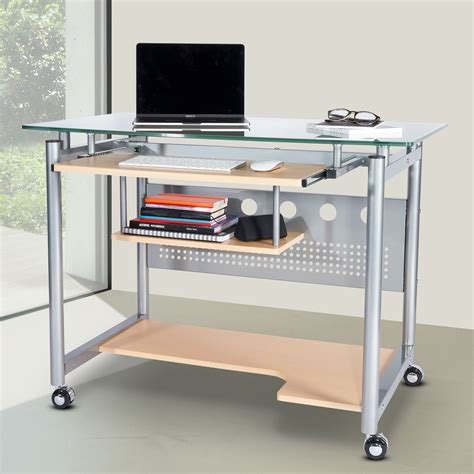 Techni Mobili Rolling Computer Desk Glass And Silver