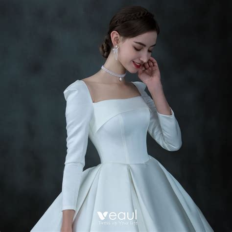 Vintage Retro Ivory Satin Winter Bridal Wedding Dresses 2021 Ball