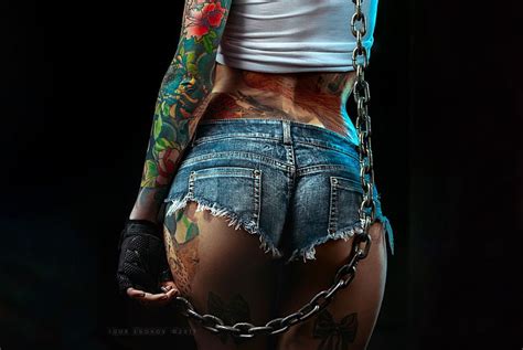 HD Wallpaper Women S Blue Denim Daisy Dukes Shorts Chains Ass Tanned Tattoo Wallpaper Flare