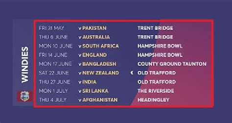 Fixture Schedule West Indies Cricket Team Icc World Cup 2019
