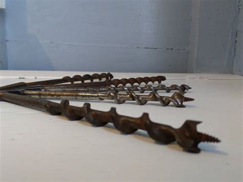 Antique Bit Brace Drill Bits Bore Bits Auger Bits Lot Of 5 Metal Old Tools Old Drill Bits Wood