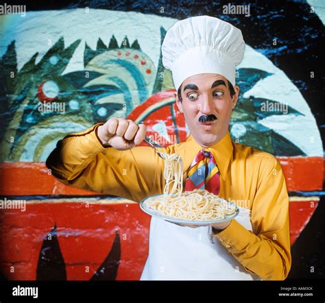 Wacky Funny Character Man In Chef Hat Apron Fake Moustache Brow Lifting