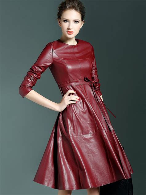 Win Red Round Neck Long Sleeve Tie Waist Leather Dress Red Leather