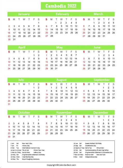 Free Printable Cambodia Calendar 2022 With Holidays