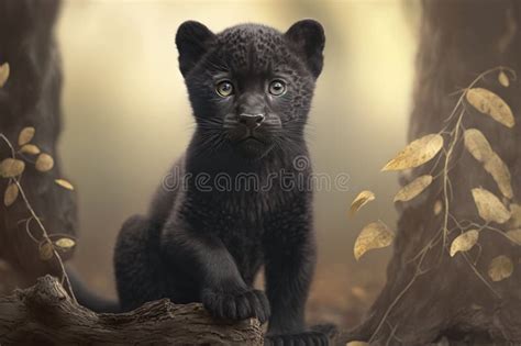 Cute Little Black Panther Cub Generative Ai Stock Illustration
