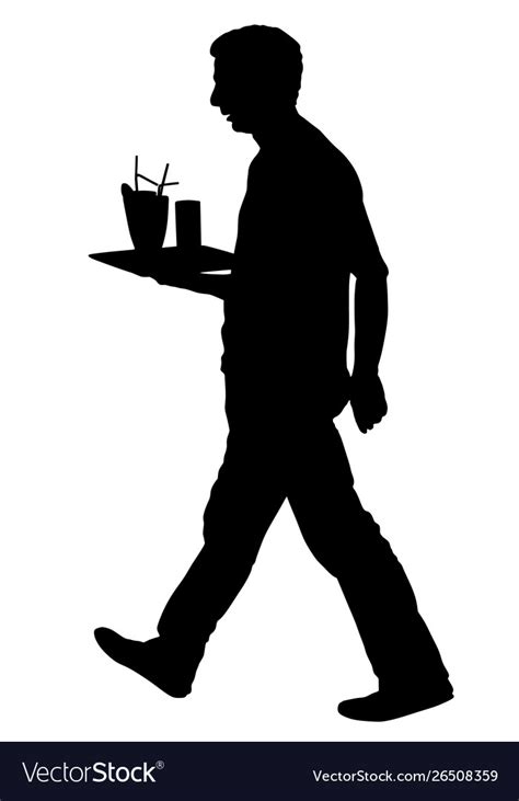 Waiter Holding Tray With Orders Drinks Silhouette Vector Image