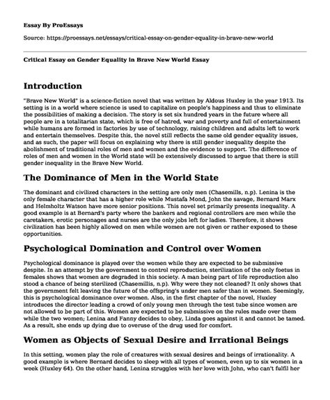 📚 Critical Essay On Gender Equality In Brave New World Free Essay Term Paper Example