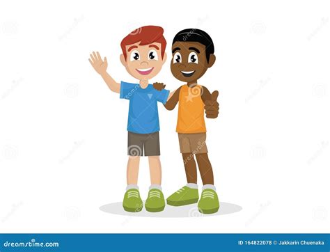 Two Boys Smile Hugging Happy Kids Best Friends Vector Illustration