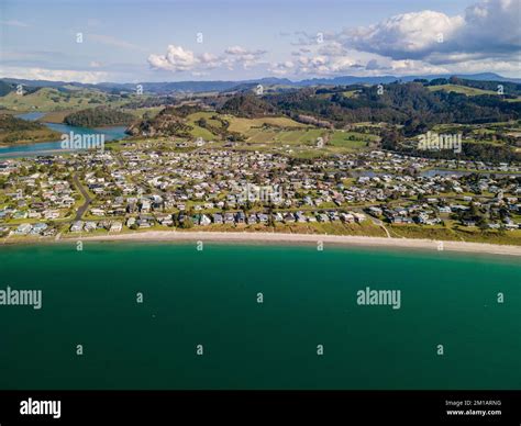 An Aerial View Of The Sea And Cooks Beach Coromandel Peninsula In New