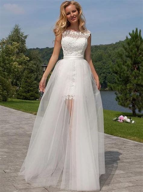 Lace Short Wedding Dress With Detachable Tulle Skirtfull Length Beach