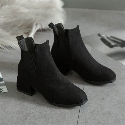 black ankle boots for women thick heel slip on fucha fashions