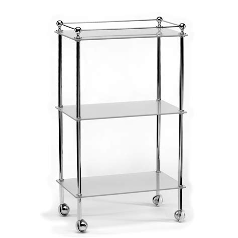 freestanding bathroom trolley with glass shelves made from the finest materials with a