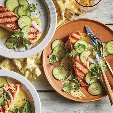 If you take diabetes medication, regular mealtimes, and regular amounts of various foods help you get the most out of the least amount of medication. Salmon with Curried Yogurt & Cucumber Salad | Recipe in ...