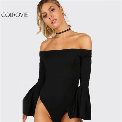 Colrovie Black Basic Off Shoulder Bodysuit Bell Sleeve Women Sexy Slash Neck Bodysuits Fall New