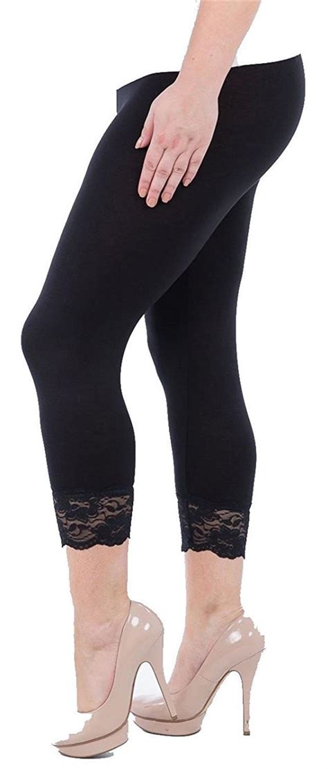 ladies plus size 3 4 plain lace trim stretchy crop capri yoga gym leggings 12 30 ebay