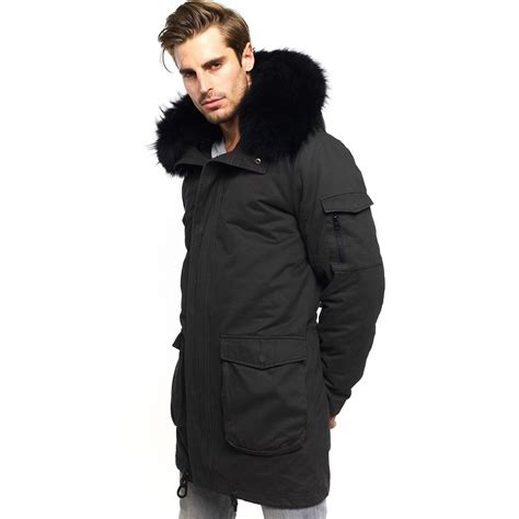 Mens Real Fur Parka With Black Fur Collar Size S