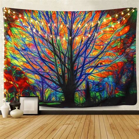 Colorful Tree Tapestry Wall Hanging Psychedelic Forest With Birds