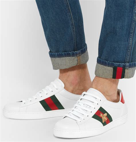 Gucci Ace Embroidered Watersnake And Leather Sneakers In White For Men