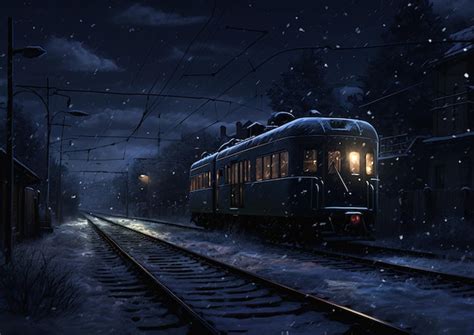 Premium Ai Image Snowfall Train Track Snow Night Stormy Weather