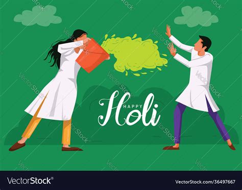 Happy Holi Cartoon Young Girl And Boy Playing Vector Image