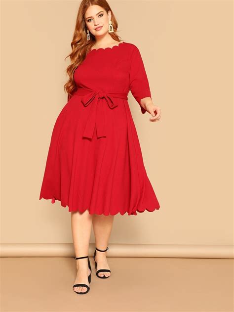 Plus Scalloped Trim Belted Fit And Flare Dress Fit Flare Dress Plus Size Dresses Dresses To