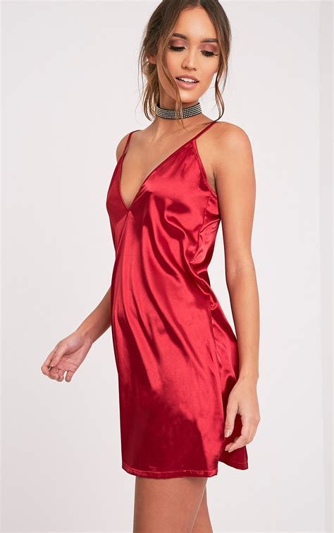 Erin Red Plunge Satin Slip Dress Dresses Prettylittlething
