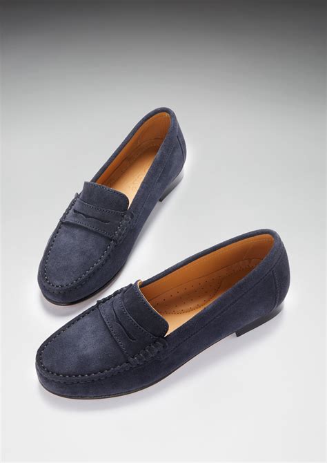 Womens Penny Loafers Leather Sole Navy Blue Suede Hugs And Co