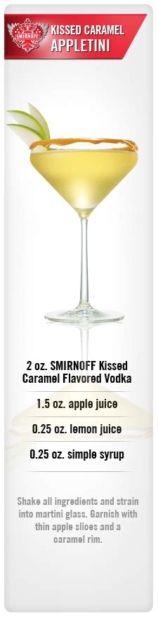 Try it in a traditional blend, with plenty of fruit or in a clean, crisp mixed drink. Kissed Caramel Appletini drink recipe with Smirnoff Kissed Caramel Flavored Vodka, lemon juice ...
