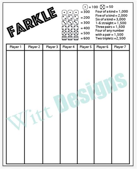 Pdf 85x11 Farkle Score Card 85x11 Scorecard Score