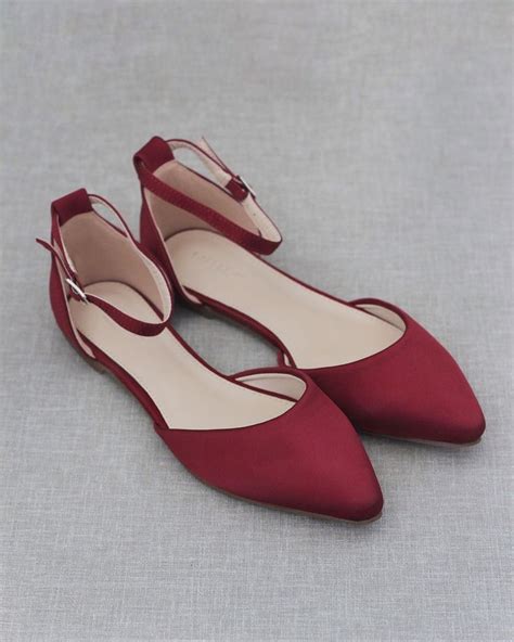 Burgundy Satin Pointy Toe Flats With Ankle Strap Pointy Toe Flats