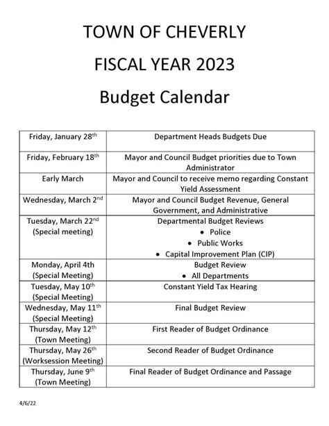 Fiscal Year 2023 Budget Calendar Cheverly Md