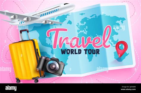 Travel Worldwide Vector Concept Design Travel World Tour Text In Map Background With Luggage