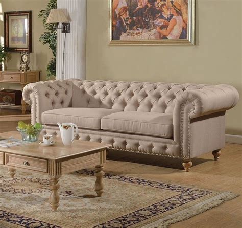 Shantoria Collection Tufted Beige Linen Finish Sofa Tufted Sofa