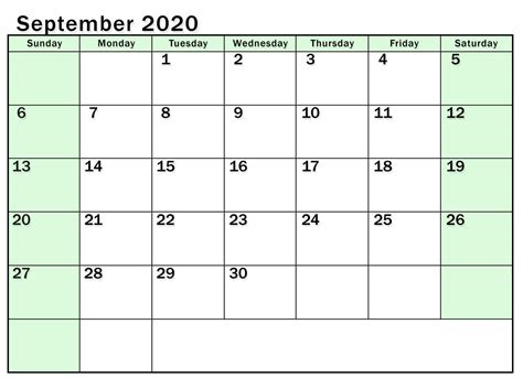 2020 September Calendar Printable Template Pdf Word Excel