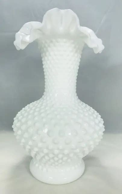 Vintage Large 11and Fenton Hobnail White Milk Glass Vase With Fluted And Ruffled Rim 32 99 Picclick