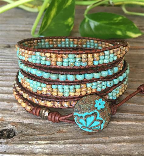 Boho Beaded Wrap Bracelet Seed Bead Leather Wrap Gift For Etsy