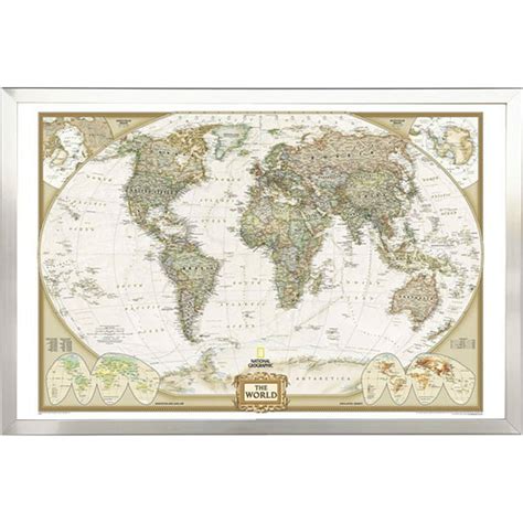 World Map By National Geographic Push Pin Map Framed Brushed Nickel