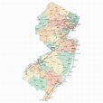 Large administrative map of New Jersey with roads, highways and major ...