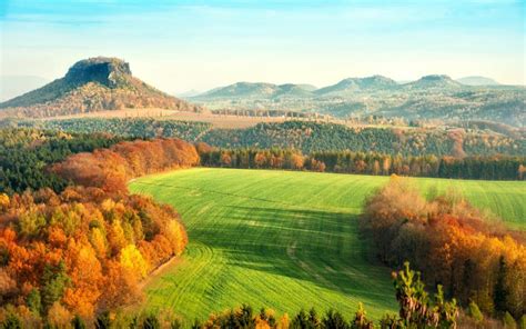 Elbe Sandstone Mountains Germany Autumn Hills Trees Fields Yellow