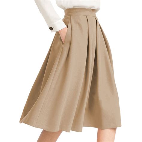 Khaki High Rise Pleated A Line Knee Length Skirt Featuring Pockets On