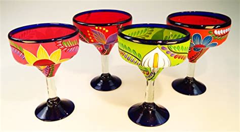 Mexican Glass Margarita Hand Painted Flowers Mixed 14 Oz Set Of 4 Hand Painted Wine Glasses
