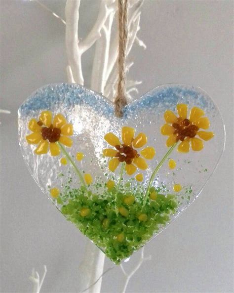 Fused Glass Hanging Heart With Sunflowers Valentine S Day Etsy Glass Fusion Ideas Fused