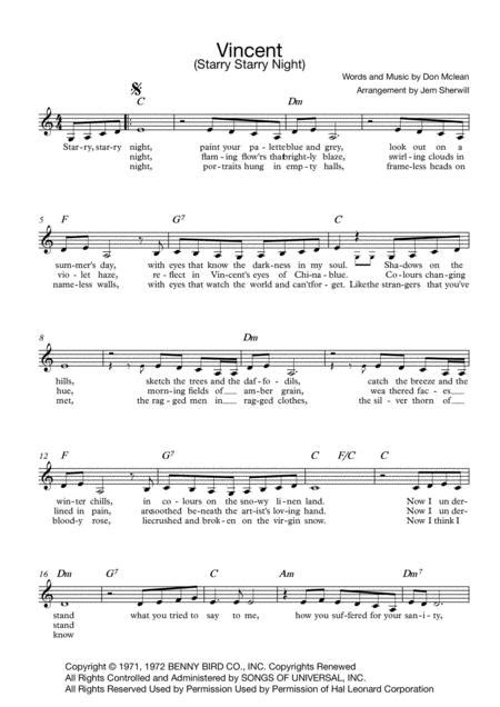 Vincent Starry Starry Night Sheet Music Pdf Download